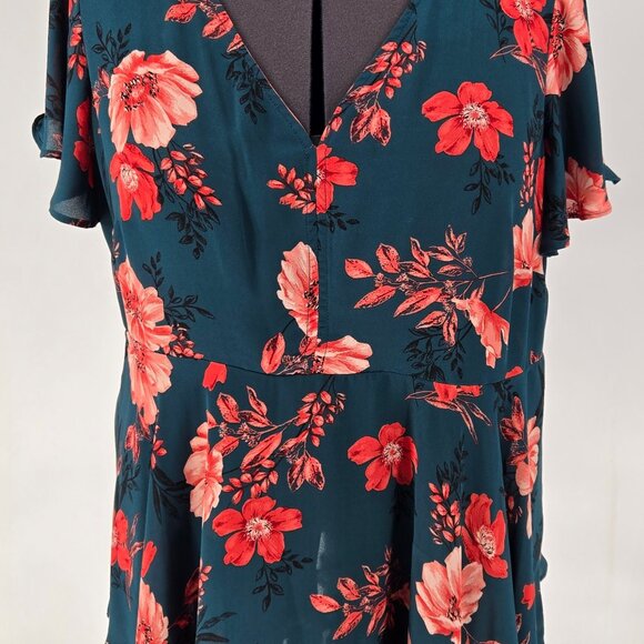 616-33 Torrid Teal Floral Georgette Flutter Sleeve Babydoll Top Blouse 2 (18/20) - Picture 2 of 10